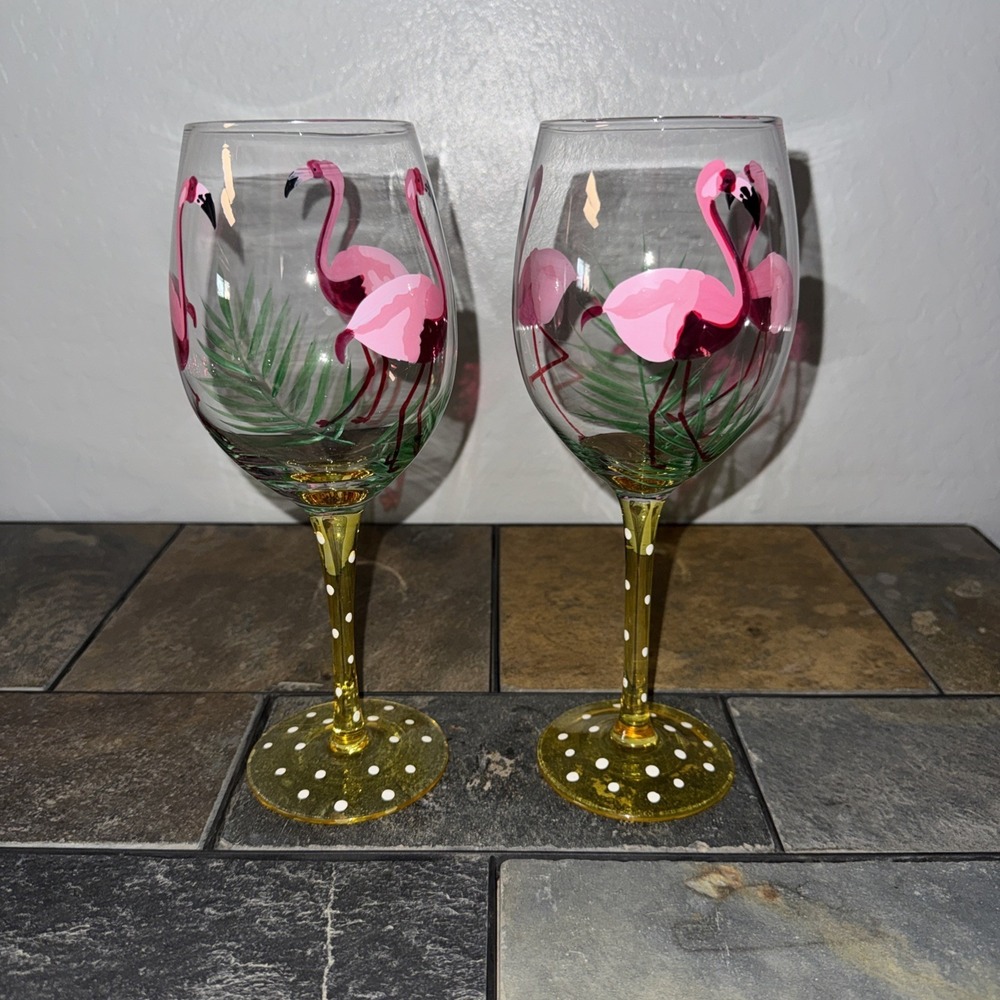 2 VINTAGE PIER 1 IMPORTS HAND PAINTED WINE GLASSES, GOBLETS w PINK FLAMINGOS